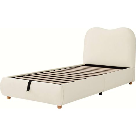 Cama infantil capitoné 90 x 200 cm con almacenaje hidráulico y somier, terciopelo beige HOMVRA (1/5)