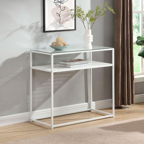 Console 2 niveaux 80x40x77 cm en verre et métal blanc - MITIK