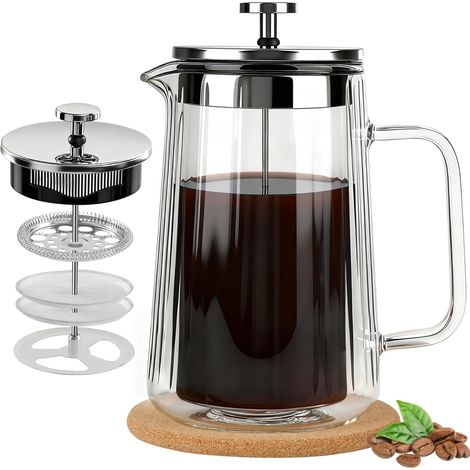 Cafetière à piston en verre borosilicate à double paroi résistante à la chaleur avec filtration à 4 niveaux en acier inoxydable, convient également pour le thé (1/5)