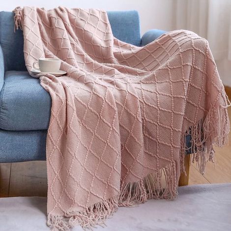 Elzusha - Plaid tricoté à franges - Rose scandinave uni 130 x 230 cm (1/5)