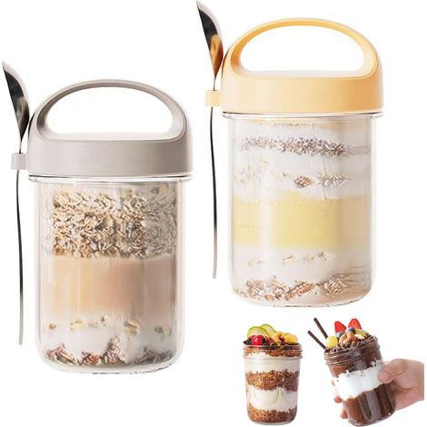 Overnight Oats Jar,Bocal Verre Avec Couvercle Bocaux en Verre Hermétique -Bocaux en Verre Avec Cuillere Meal Prep,400ml,2 Pièces (1/5)
