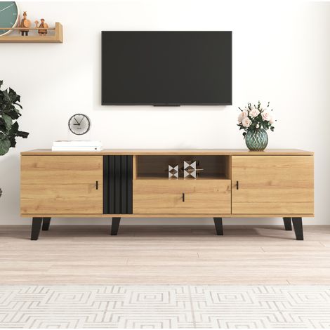 Mueble para TV de tablero de partículas y vidrio natural/negro 170x40x50.5 cm con 2 puertas, 1 cajón y 1 compartimento (1/5)