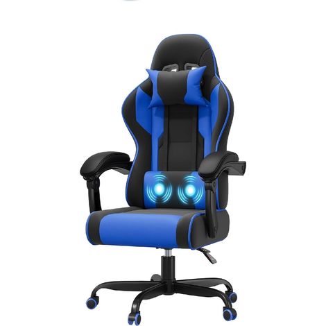 Chaise Gaming avec Massage Lombaire, Chaise Bureau Ergonomique avec Dossier Inclinable, Fauteuil Gaming avec Assise Douce et Résistante, Idéale pour Jeux et Boulot, Bleu Mat