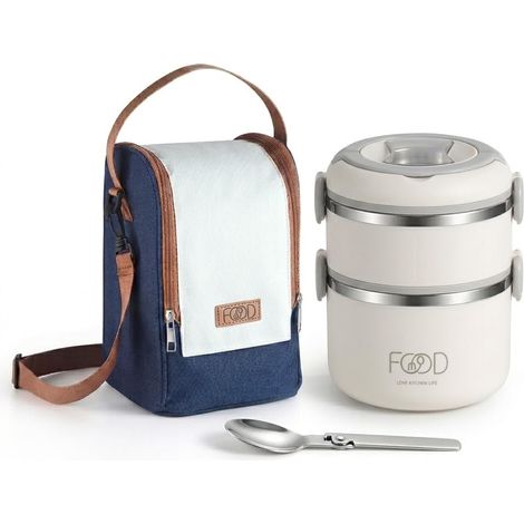 Boîte à Lunch Isotherme 2 Couches avec Sac Repas et Cuillère, 1840ml Acier Inoxydable 304, Contenant Alimentaire Portable, Sans BPA, Hermétique, Étanche avec Anneau d'Étanchéité, Grande Capacité (1/5)