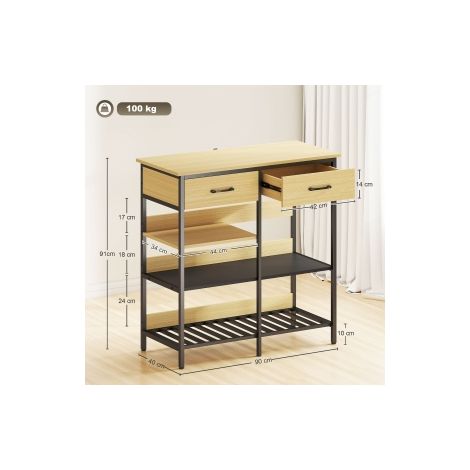 Buffet en bois naturel 2 tiroirs et 3 étagères ouvertes avec rangement polyvalent pour cuisine salon et salle à manger (1/5)