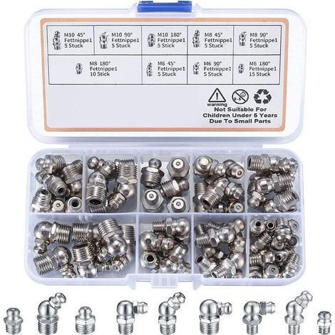 YMYNY 60-teilige Einschraub-Fettpresse, M6 M8 M10-Fettpressen-Sortiment, gerader Schmiernippel 45° 90° 180°, mit Kunststoffbox, für mechanische Geräte, Fettdüsenbefestigungen (1/5)