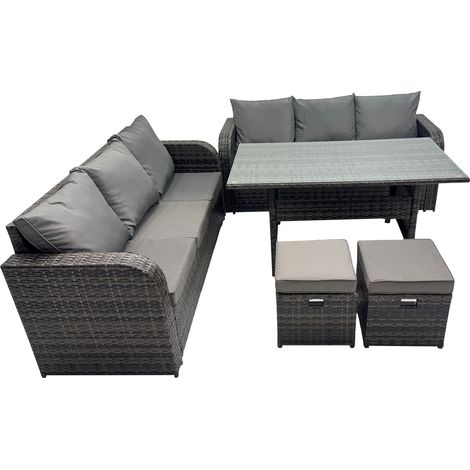 Fimous Dunkelgrau Polyrattan Gartenmöbel-Set Lounge Sofa 3 Sitzer Sofa Set Outdoor Rechteckiger Esstisch mit 2 Hockern 8 Sitzer (1/4)