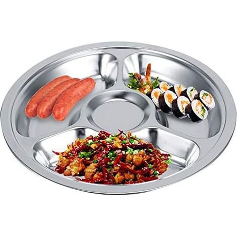 Divided Plate, 5-piece Stainless Steel Dinner Plate, Large Capacity, 3 Compartments / 4 Compartments, Crockery,Pleasant63 (1/5)
