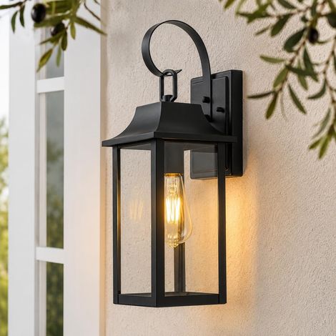Applique Murale Extérieure, E27 Grand Porche Luminaire Exterieur Lanterne, Applique pour Porte d'Entrée avec Verre, Moderne Lampe Exterieur Murale pour Jardin, Terrasse, IP44 Etanche, Noir Mat (1/5)