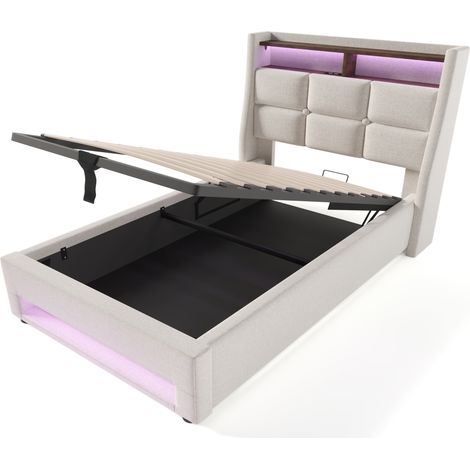 Cama tapizada 90x200 cm con USB y LED, tejido lino beige claro, estructura metálica MODENUIT (1/5)