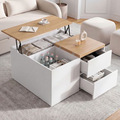 Mesa de centro cuadrada CALIA de 80 cm con tablero elevable, 2 compartimentos y 2 cajones, en blanco y madera (1/5)