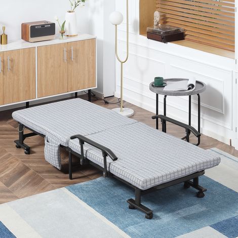 Letto pieghevole in acciaio grigio chiaro 190x76x33 cm con materasso, ruote e schienale regolabile (1/5)