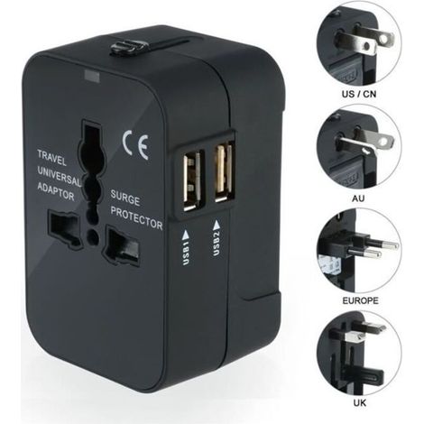 Universal Travel Adapter Charger, US EU UK AU with 2 USB Ports for Cameras, Cell Phones, Tablets, iPads, Black (1/4)