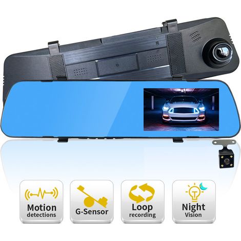 1080p-Auto-Rückspiegel-Fahrtenschreiber mit wasserdichter 4,3-Zoll-HD-Rückfahrkamera [Doppellinse] + 32-GB-Speicherkarte, Rückfahrkamera, Nachtsicht, Einparkhilfe, Loop-Aufnahme