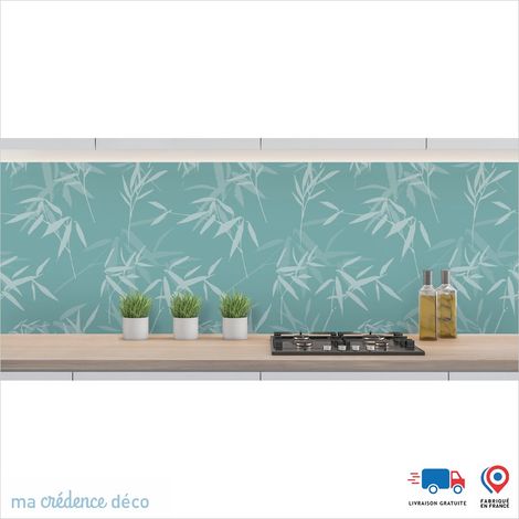 Crédence : Feuilles et bambou 2 - Couleur Bleu turquoise - Alu composite - 60 - 180 (1/3)