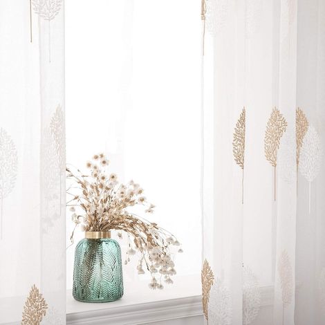 Transparente Voile-Gardinen mit gestickten Blumen und Ösen, 1 Paar, für Wohnzimmer und Schlafzimmer, 145 cm x 140 cm (H x B), 2er-Set