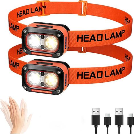 Lot de 2 lampes frontales LED rechargeables super puissantes, lumière blanche, jaune et rouge, adaptées aux casques de chantier, avec détecteur de mouvement, étanches (1/5)