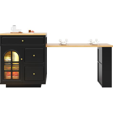 CHICFURN Isla de cocina extensible con 4 cajones, vitrina de cristal, LED RGB con control por app y diseño efecto madera negra, 122,5-195,5 cm, para cocina y comedor (1/5)