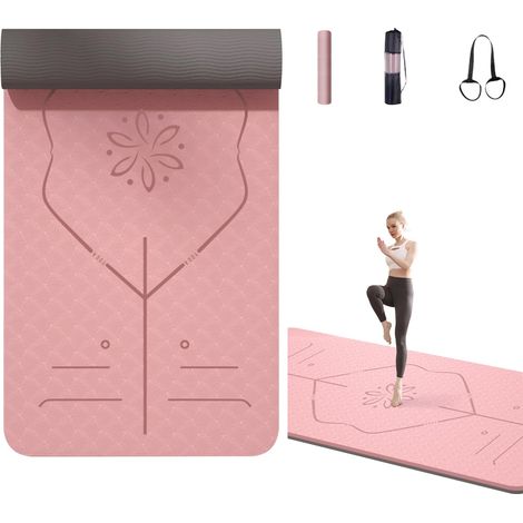 Tapis de yoga en TPE rose (avec lignes d'alignement) — Antidérapant et extra-épais — Sac de transport et sangle inclus (185 x 61 cm) (1/5)