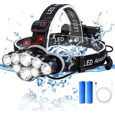 Lampada frontale, lampada frontale ricaricabile tramite USB, potente torcia frontale a 8 LED, 8 modalità di illuminazione regolabili, torcia impermeabile per campeggio, arrampicata, escursionismo, pes (1/5)