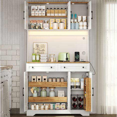 Credenza alta da cucina 100x40x180 cm, con LED RGB, prese integrate, 2 cassetti, MDF, naturale e bianco (1/5)