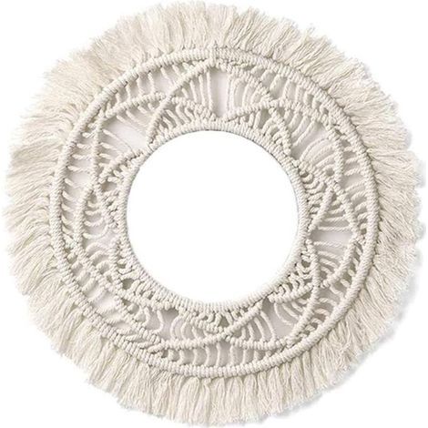Miroir mural rond - Cadre en macramé coton et anneaux métalliques - Décoration murale bohème rétro - Diamètre extérieur 25 cm - Miroir intérieur 15 cm - 1 pièce (1/5)