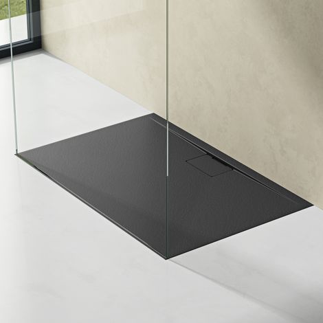 doporro Duschtasse Duschwanne 70x120x3 flach Mineralguss in Anthrazit inkl. Ablaufgarnitur AL06 DIN-Anschlüsse für bodenebene Montage geeignet Geoma07