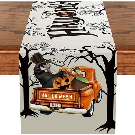Chemin de table Joyeux Halloween, 33 x 183 cm, motif bois gris et camion, pour l'automne, les fêtes, la cuisine, la salle à manger, en polyester, déco (1/5)