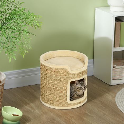 Arbre à chat avec griffoir, aire de jeu et de détente, en peluche, Ø 38 x 37 cm (H), kaki-beige, jusqu'à 5 kg (1/5)