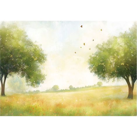Papier peint mural prairie 3D arbres nature vert intissé grand format design intérieur salon chambre pas cher 150x105 cm (1/5)