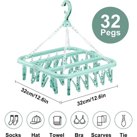 Trintion Foldable Sock Dryer with 32 Clips - Laundry Drying Hanger for Socks, Underwear, Bras, and Shoe Insoles - Space-Saving Washing Line Accessory, Windproof Hanging Rack for Clothes (Green) (1/5)