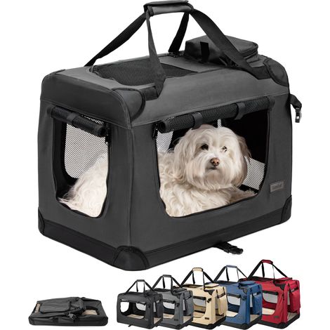 lionto Hundetransportbox faltbar, stabile Stoffbox mit Mesh-Einsätzen, ideal für Auto, Reise & Tierarzt, 60x42x44 cm, schwarz (1/5)