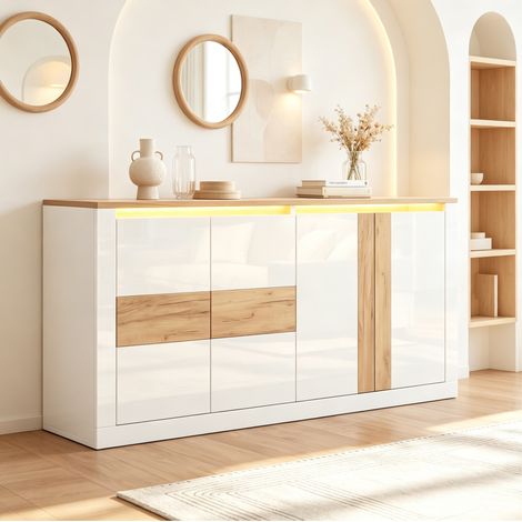 Buffet 140 x 35 x 70 cm avec 4 portes, éclairage RGB LED, MDF blanc et effet bois HAVRYA (1/5)