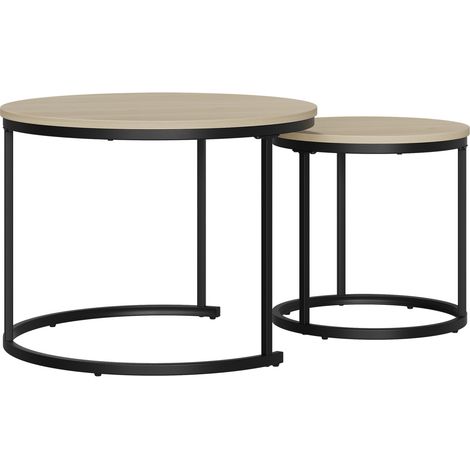 Table basse gigogne ronde moderne en bois clair et métal noir, 2 pièces empilables pour salon, chambre ou balcon, style minimaliste CHICFURN (1/5)