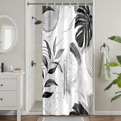 1 Rideau Douche, 90x180cm Gris, Feuilles Palmier, Polyester Imperméable, Salle De Bain, Avec 6 Crochets
