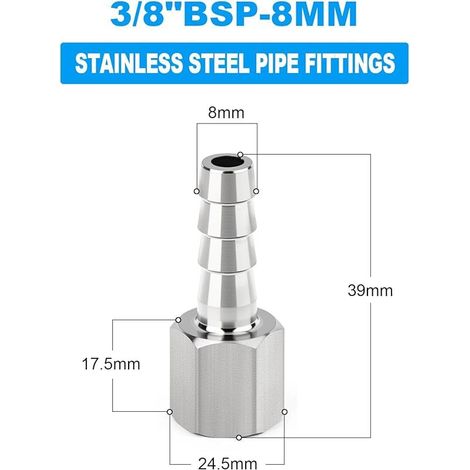 2 pièces raccords embout cannelé acier inox 304, embout 8 mm vers filetage femelle BSP 3/8", raccord compression eau, carburant, air (1/5)