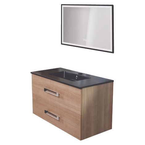 ONDEE - Mueble de baño colgante LENCA - 90 cm - Madera color miel - Espejo SELENA (1/4)