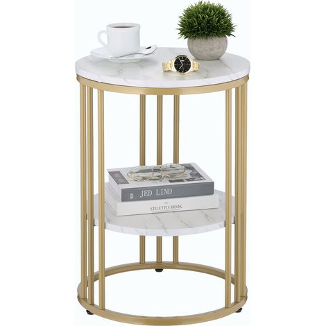 Relaxdays Table d'appoint, métal et MDF, 2 plateaux aspect marbre, H x D : 56 x 40 cm, pour le salon, blanc et doré (1/5)