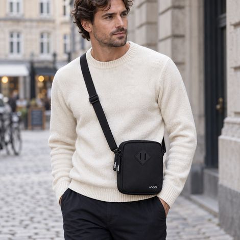 Petit sac bandoulière léger, sangle ajustable, poche arrière filet. Pratique pour téléphone, clés, passeport, voyage et quotidien. (1/5)