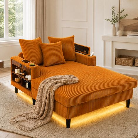 Chaise longue 170x129x70 cm jaune moutarde, LED et rangement, tissu côtelé avec USB MEUBLIV (1/5)