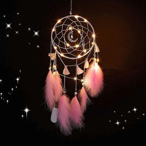 Pink Dream Catchers, Dream Catcher for Girls, Handmade Feather Wall Decor with Lights, Home Ornaments Craft Gift (1/5)