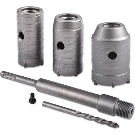 Forets cloches. Jeu de scies cloches Ø 30 mm, 40 mm et 50 mm. Foret à béton. Rallonge SDS Plus de 350 mm. Pointe en carbure. Scie cloche pour brique, pierre, béton et ciment (manche rond). (1/5)
