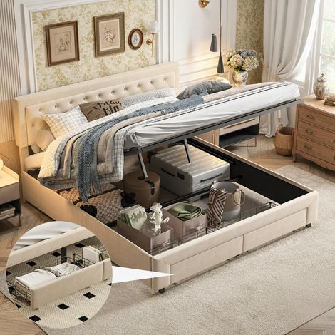 Tanant – Lit coffre 160x200 avec 2 tiroirs – Sommier à lattes – Rangement pratique – Revêtement velours beige – Design élégant et luxueux (1/5)