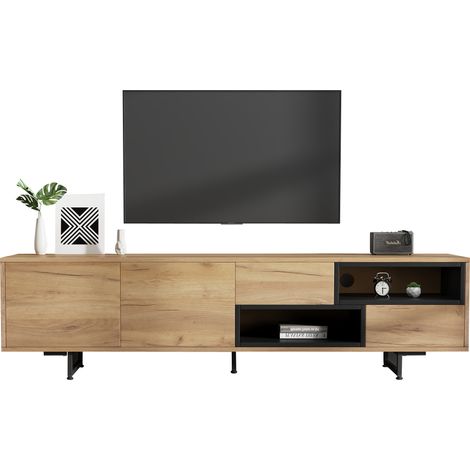Meuble TV bas multifonction en panneaux de particules finition bois, niches ouvertes en forme d’échelle, pour téléviseurs jusqu’à 70 pouces, 173 × 38 × 48 cm (1/5)