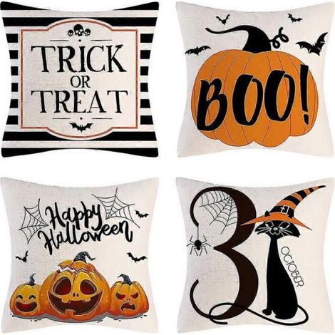 4 pices Halloween taie d'oreiller,chat noir Halloween dcoration Jardin taie d'oreiller Happy Halloween (1/4)