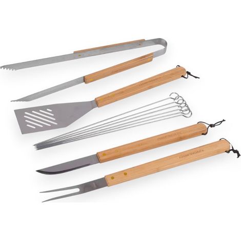 Set utensili barbecue con coltello pinza forchettone spiedini e spatola in acciaio inox con borsa trasporto tessuto (1/5)