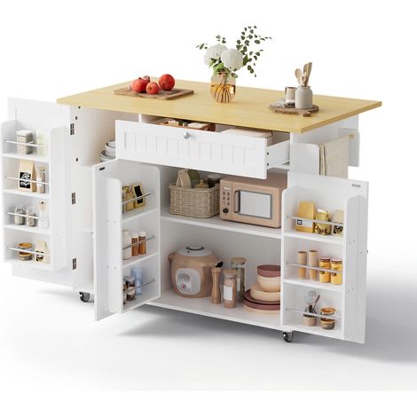 Îlot de cuisine mobile avec plan de travail rabattable – Chariot de cuisine – Table de bar – Avec tiroir et armoire de rangement – 3 étagères de porte – 120 × 45 (70) × 92 cm