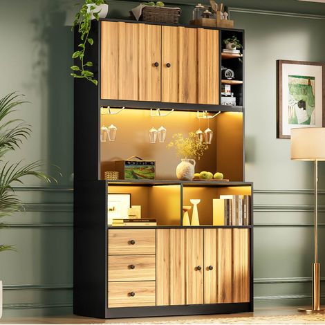 Aparador alto de cocina 110x40x191 cm blanco y natural con LED y toma integrada (1/5)