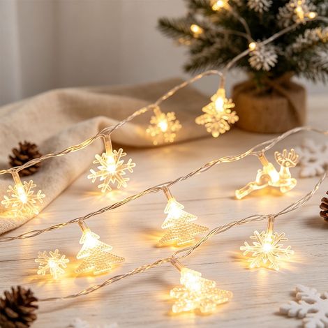 Guirlande LED de Noël à piles 3 m 20 lampes, pendentifs mixtes sapin, renne et flocon, éclairage blanc chaud ambiance pour maison et fêtes, Blanc chaud (1/5)