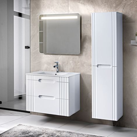 Badmöbelset weiß FAIRFIELD-56 Waschtisch 80cm, Hochschrank, LED-Spiegel, B/H/T ca.: 141/200/46 cm (1/5)